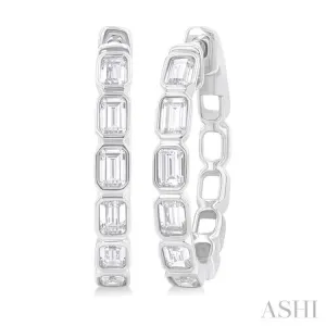 1 1/10 ctw Bezel Set Emerald Cut Diamond Fashion Hoop Earring in 14K White Gold