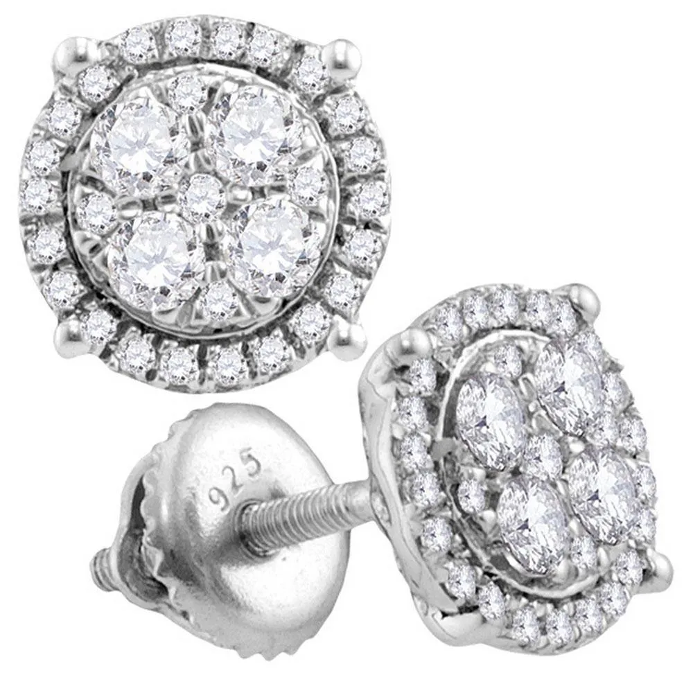 10K White Gold Round Diamond Circle Cluster Earrings 1.00 Cttw