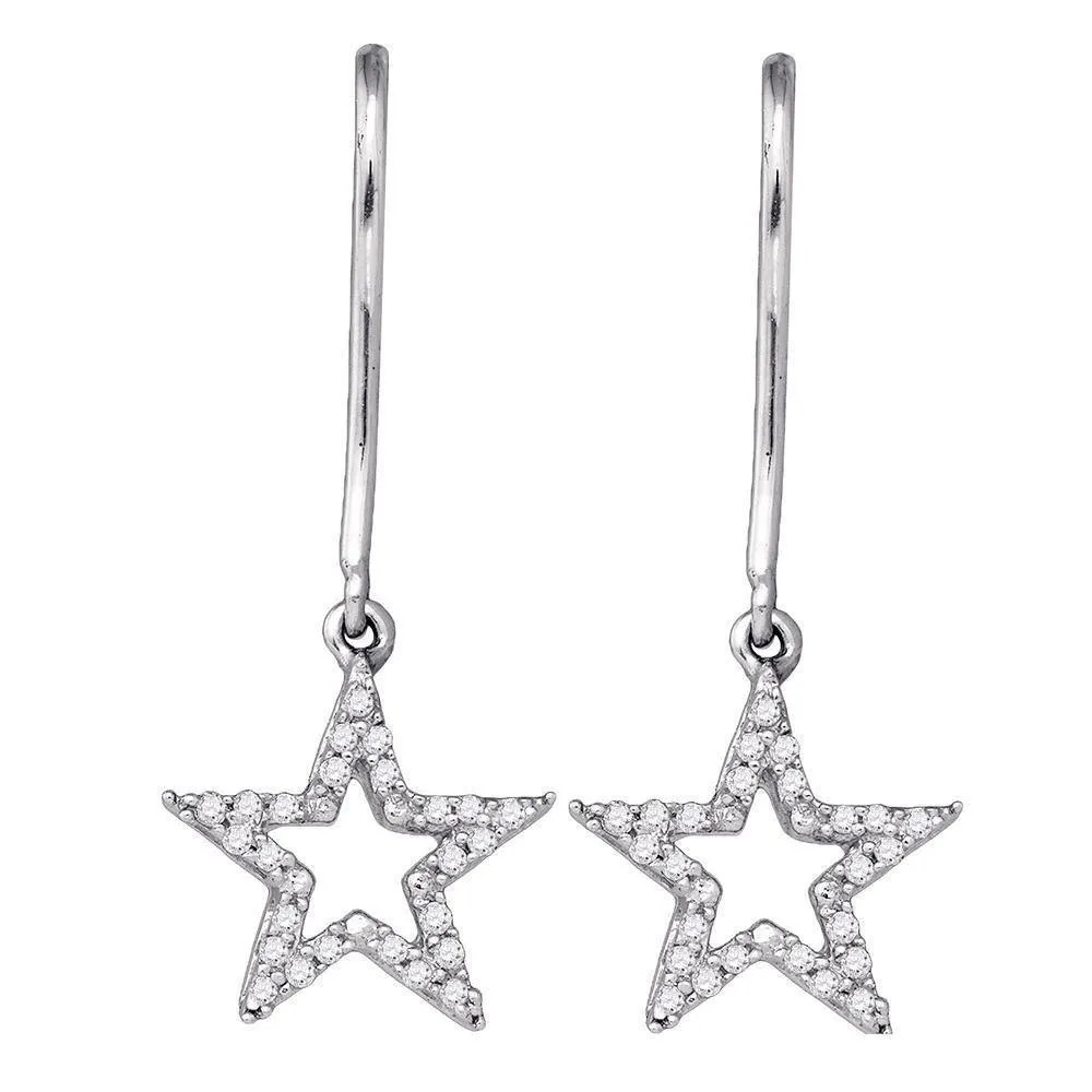 10K White Gold Round Diamond Star Dangle Earrings 1/8 Cttw