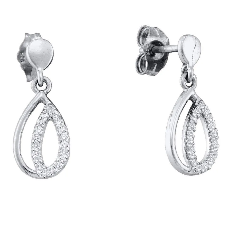 10K White Gold Round Diamond Teardrop Dangle Screwback Earrings 1/8 Cttw