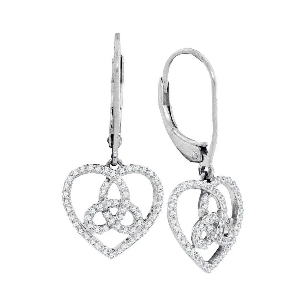 10K White Gold Round Diamond Triquetra Heart Trinity Dangle Earrings 1/5 Cttw