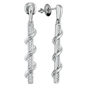 10K White Gold Round Diamond Wrapped Stick Dangle Earrings 1/10 Cttw