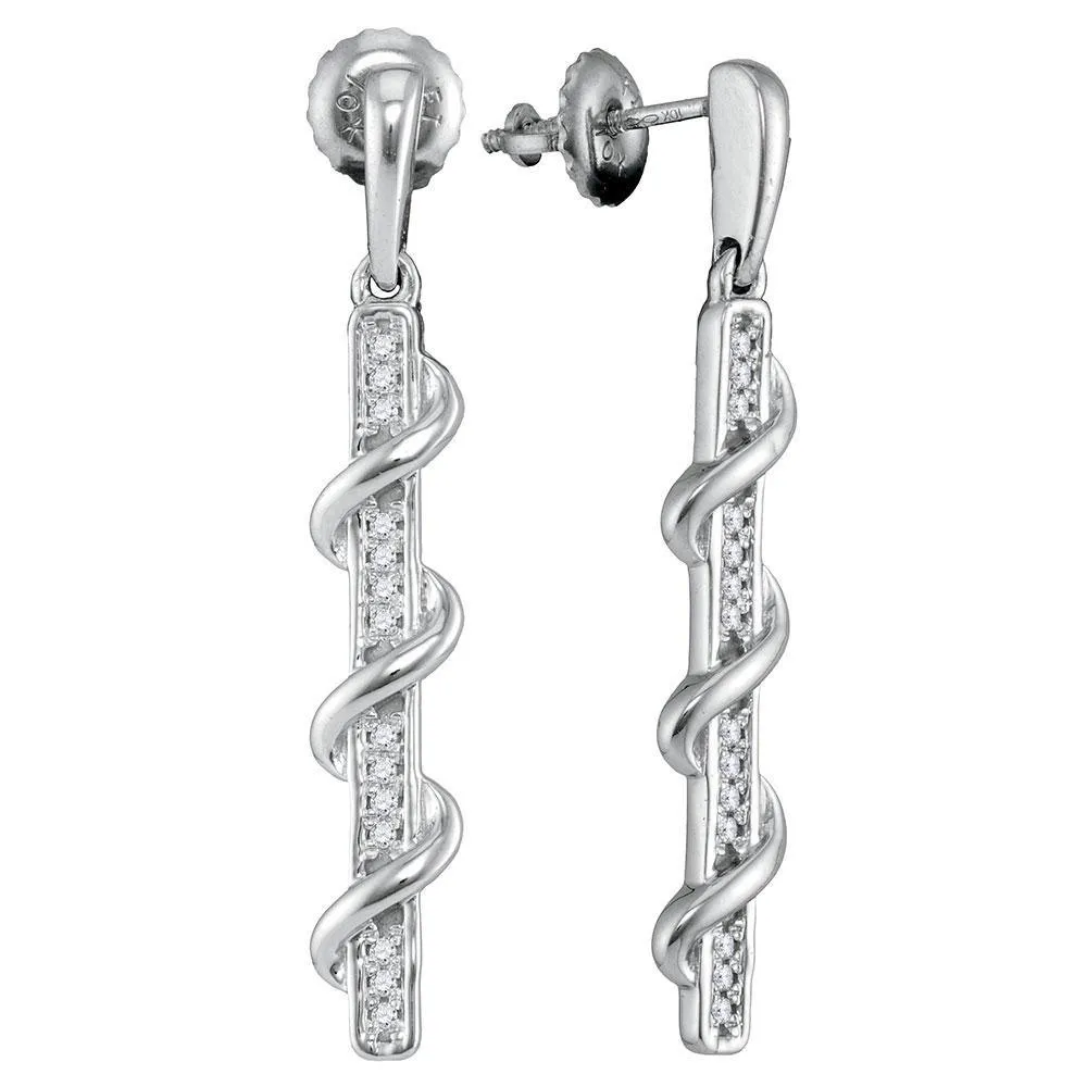 10K White Gold Round Diamond Wrapped Stick Dangle Earrings 1/10 Cttw