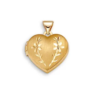 10K Yellow Gold (15mm) Diamond Cut Floral Heart Locket
