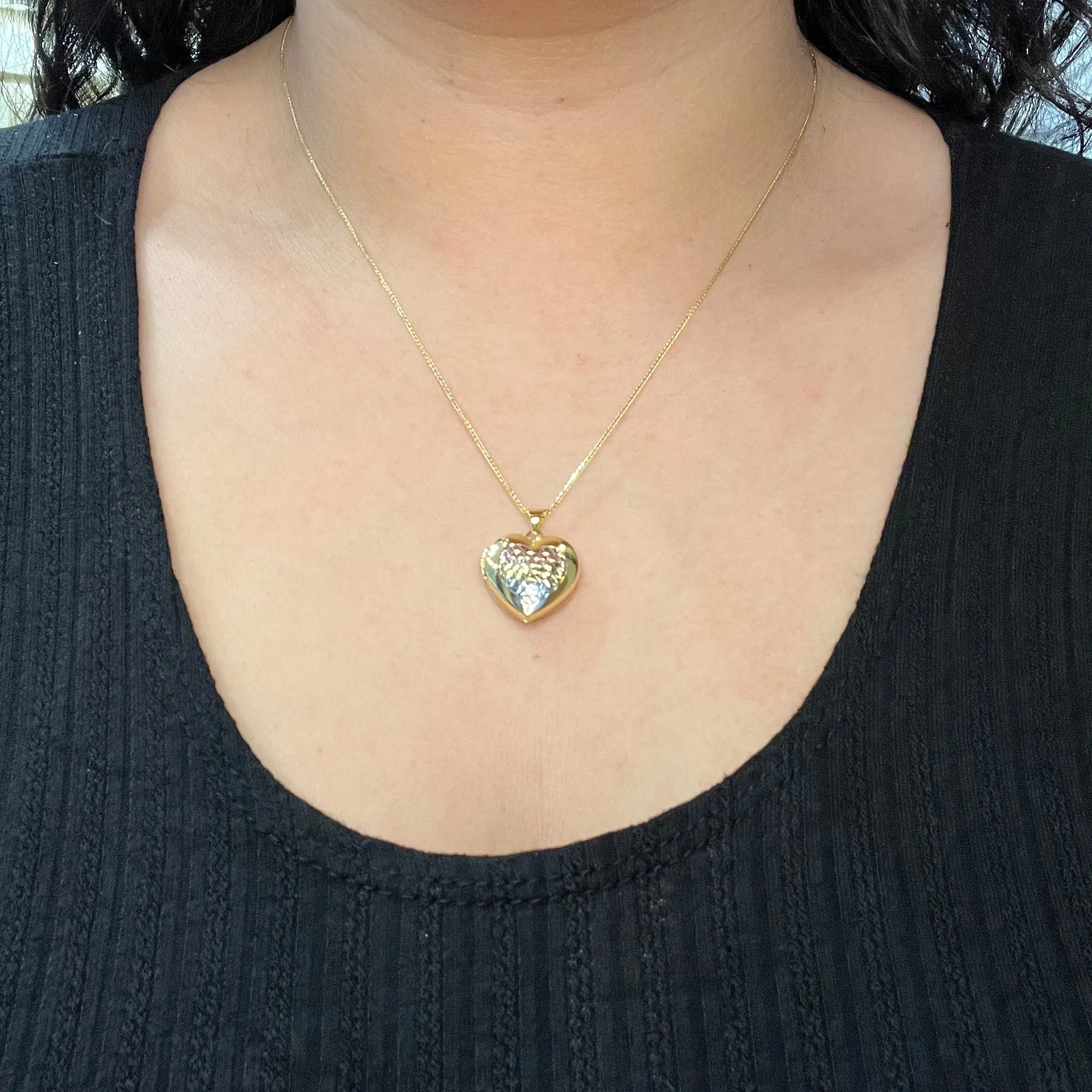 10K Yellow, White and Rose Gold Diamond Cut Heart Locket Pendant