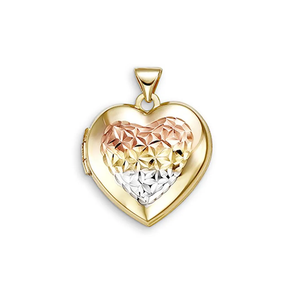 10K Yellow, White and Rose Gold Diamond Cut Heart Locket Pendant