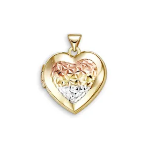 10K Yellow, White and Rose Gold Diamond Cut Heart Locket Pendant