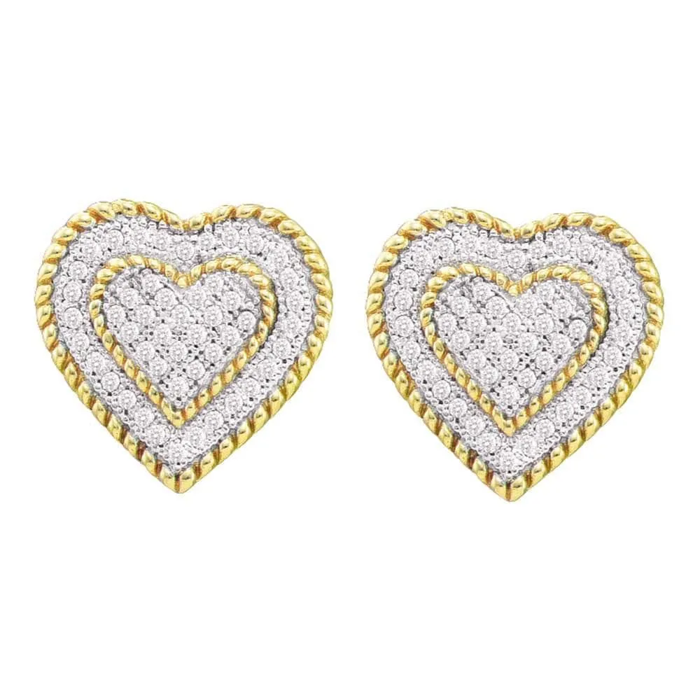 10kt Yellow Gold Womens Round Diamond Roped Heart Cluster Screwback Earrings 1/3 Cttw