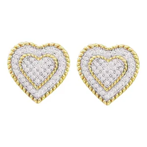 10kt Yellow Gold Womens Round Diamond Roped Heart Cluster Screwback Earrings 1/3 Cttw