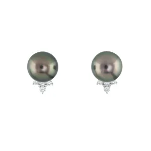 10mm Cultured Tahitian Black Pearl Diamond Stud Earrings Estate 18k White Gold