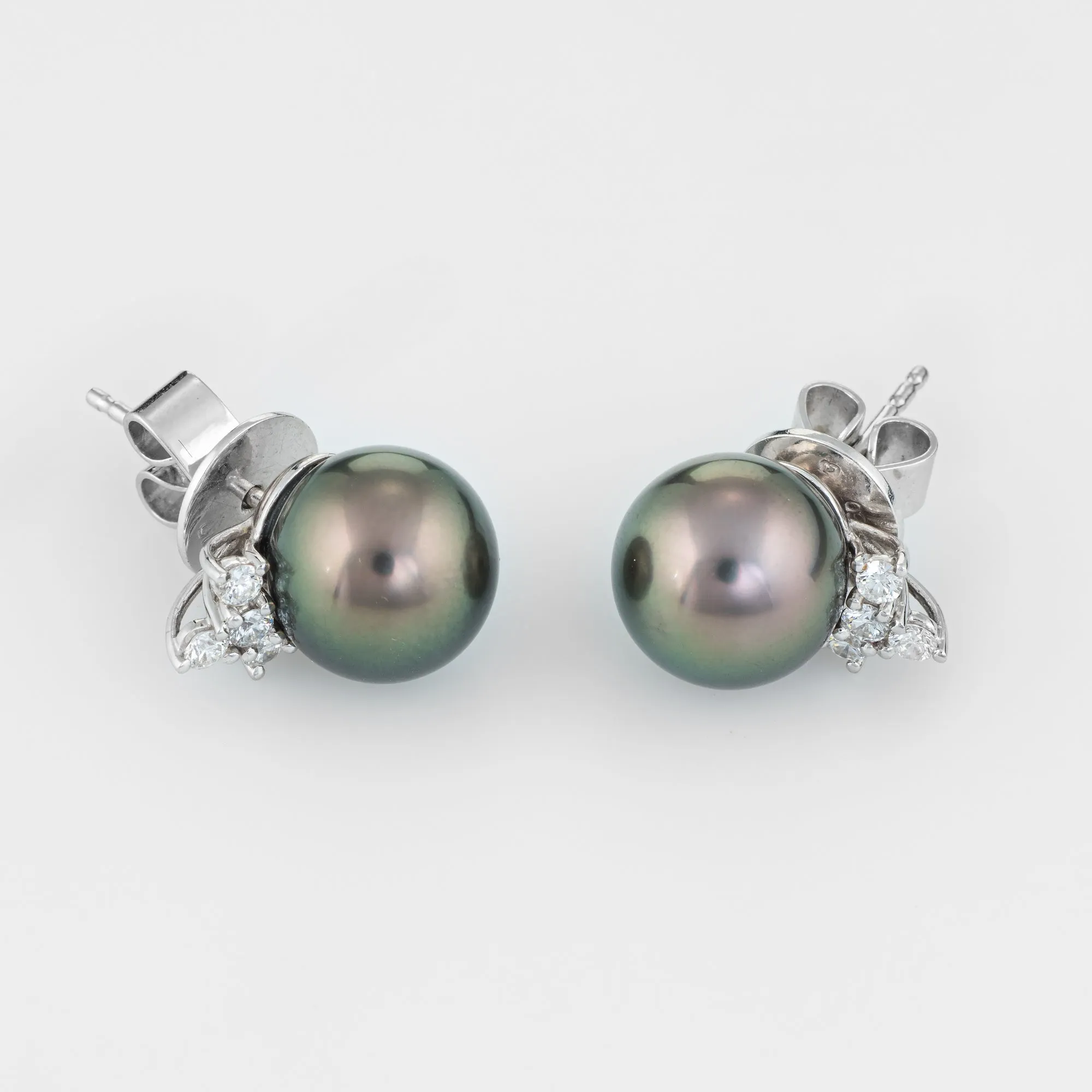 10mm Cultured Tahitian Black Pearl Diamond Stud Earrings Estate 18k White Gold