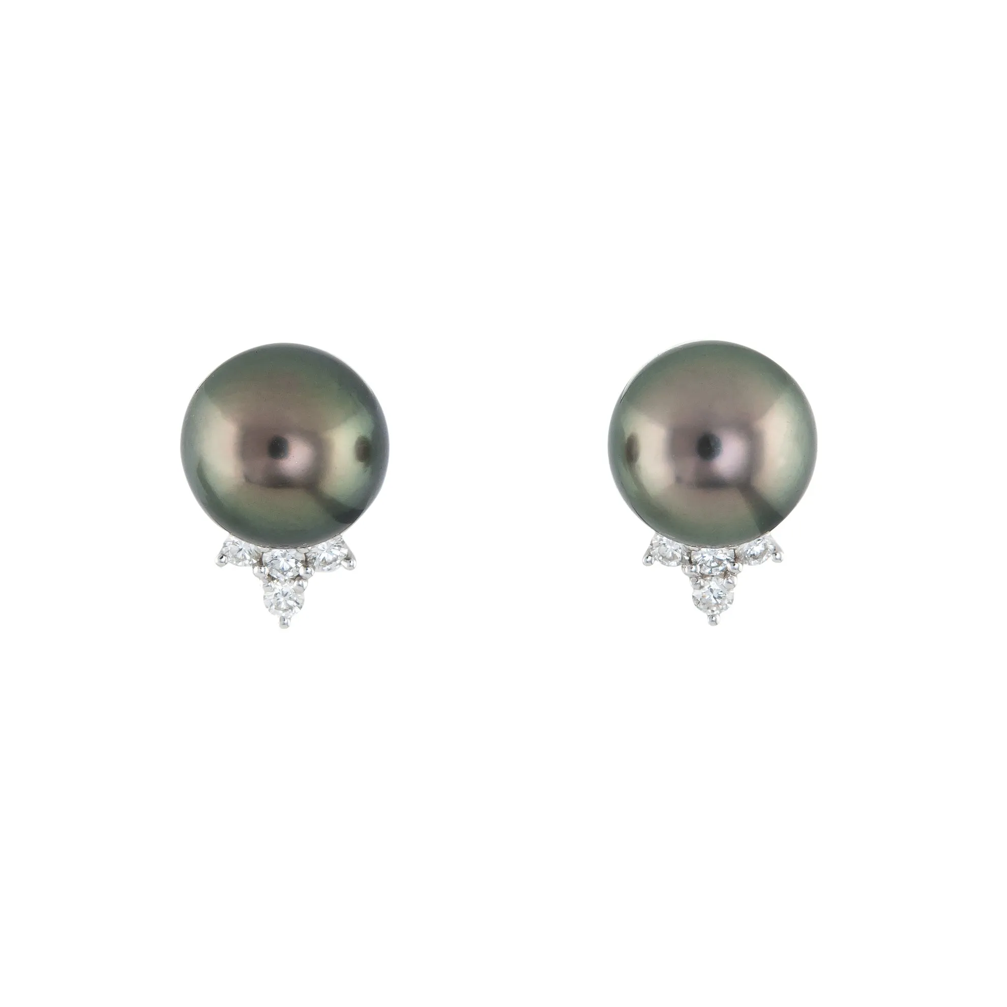10mm Cultured Tahitian Black Pearl Diamond Stud Earrings Estate 18k White Gold