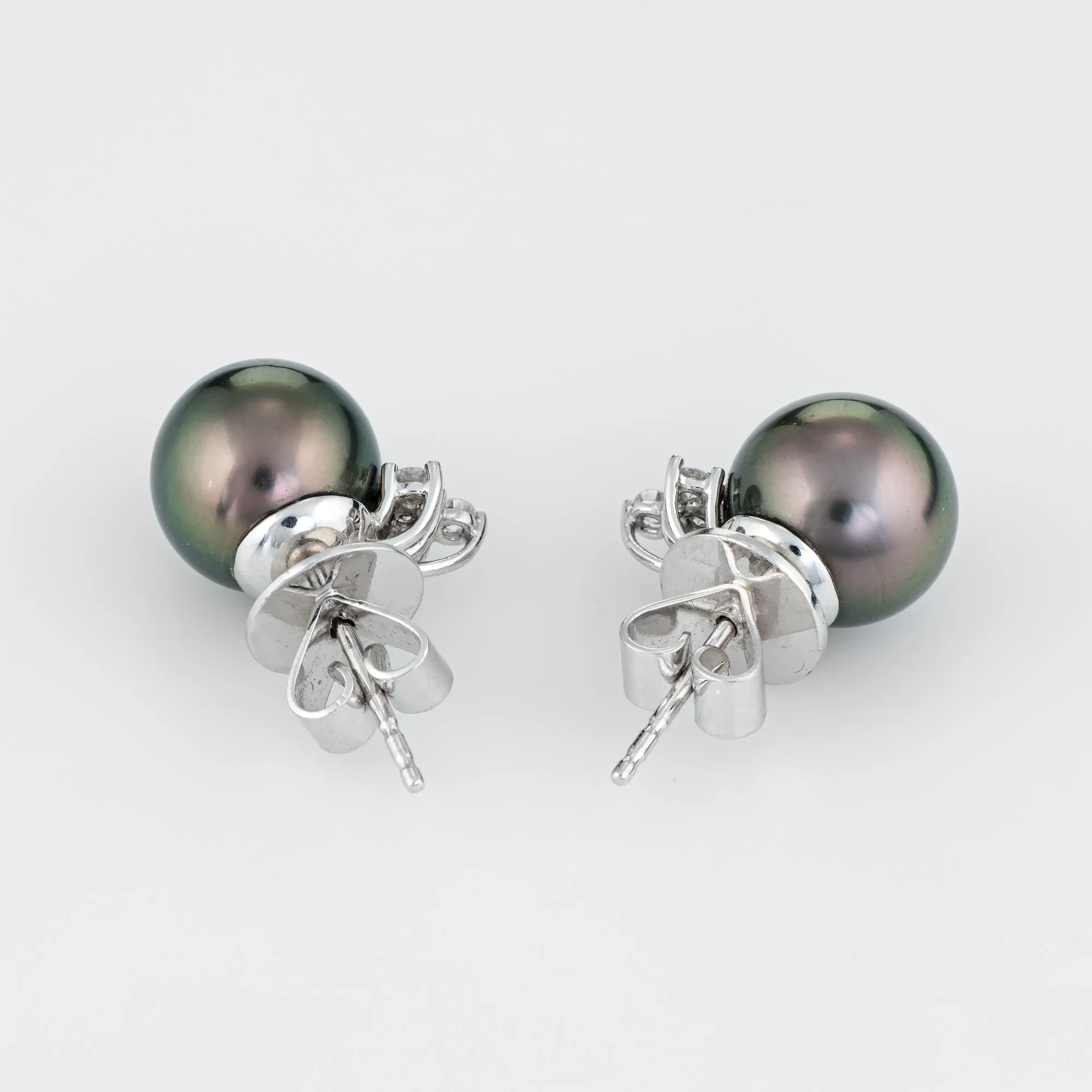10mm Cultured Tahitian Black Pearl Diamond Stud Earrings Estate 18k White Gold