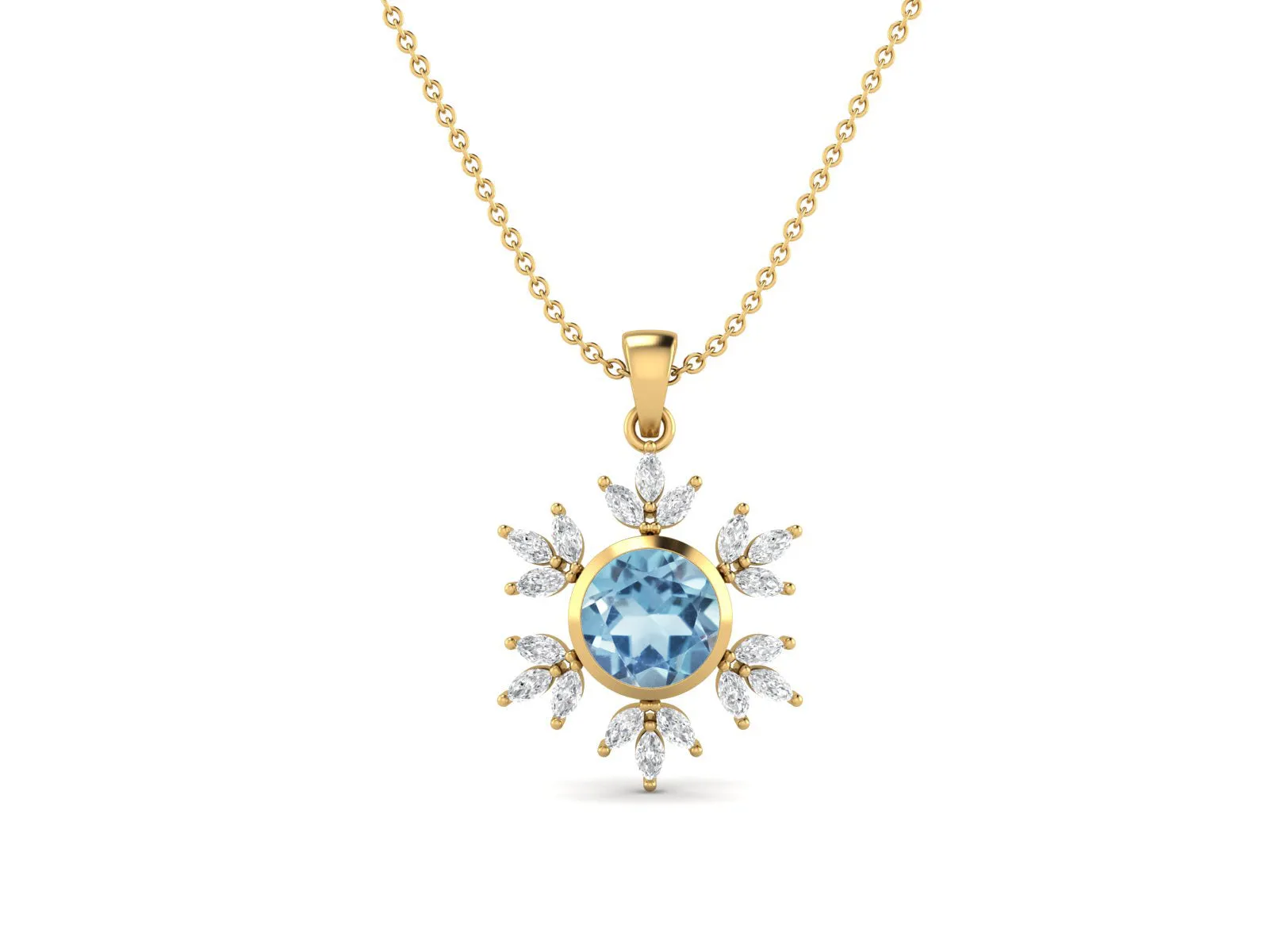 10MM Round Blue Topaz Gemstone 925 Sterling Silver Flower Women Pendant Necklace