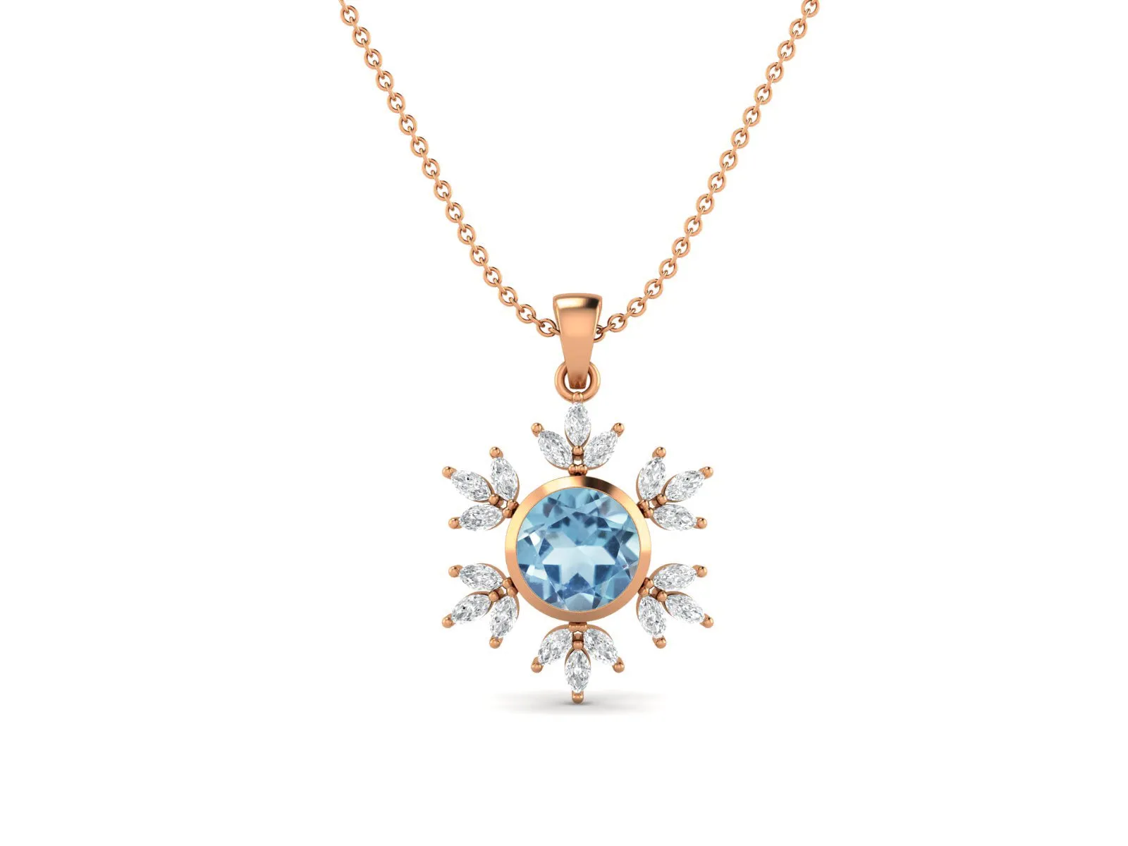 10MM Round Blue Topaz Gemstone 925 Sterling Silver Flower Women Pendant Necklace