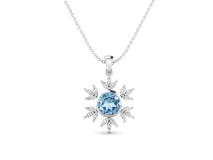 10MM Round Blue Topaz Gemstone 925 Sterling Silver Flower Women Pendant Necklace
