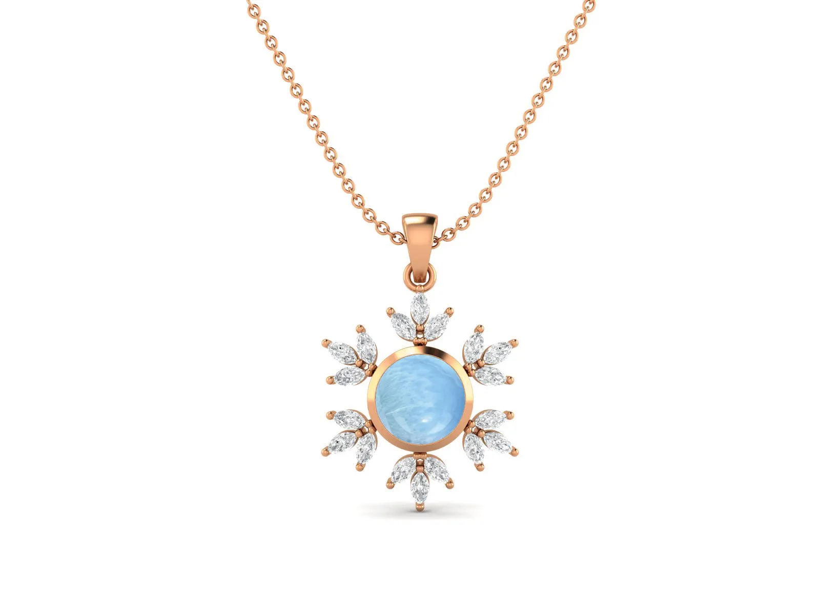 10MM Round Larimar Gemstone 925 Sterling Silver Flower Women Pendant Necklace