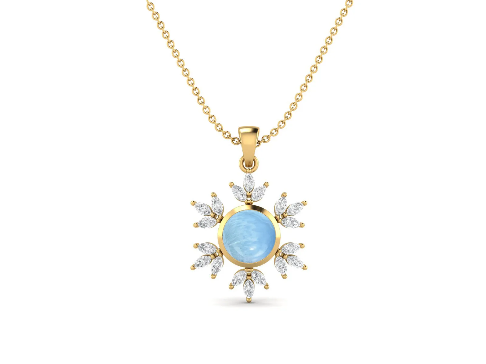 10MM Round Larimar Gemstone 925 Sterling Silver Flower Women Pendant Necklace