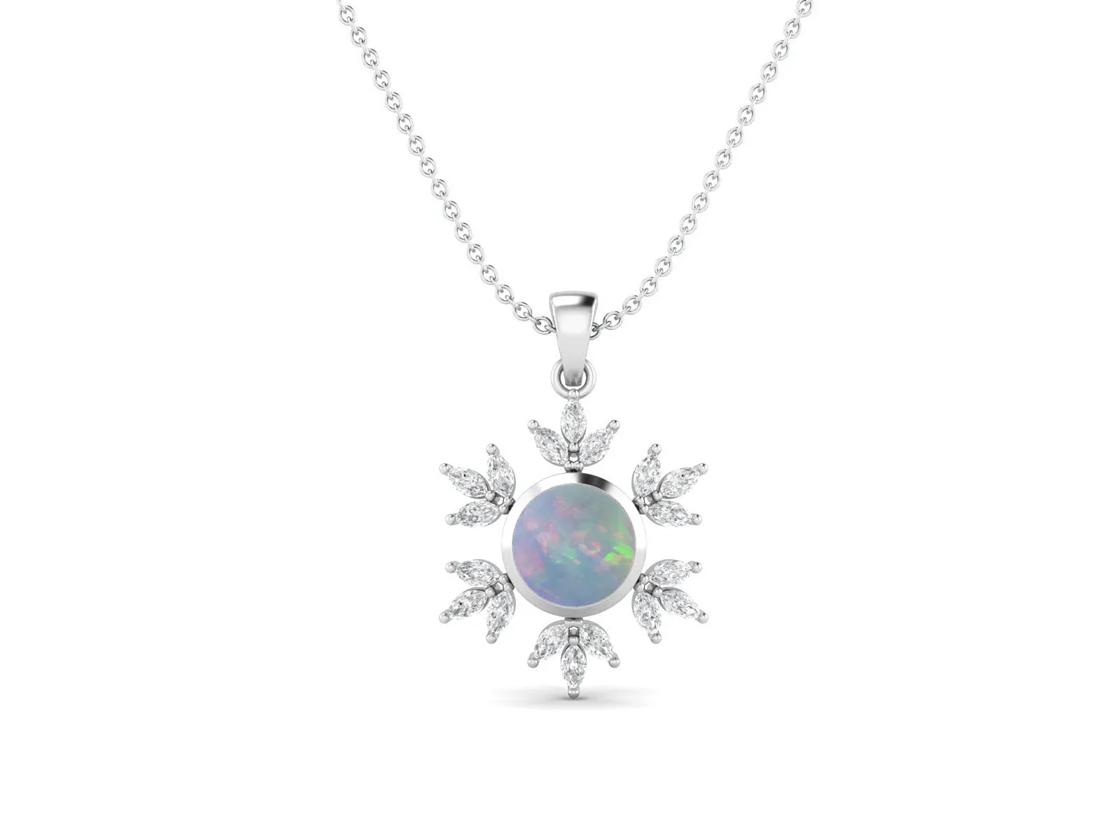 10MM Round Opal Gemstone 925 Sterling Silver Flower Women Pendant Necklace