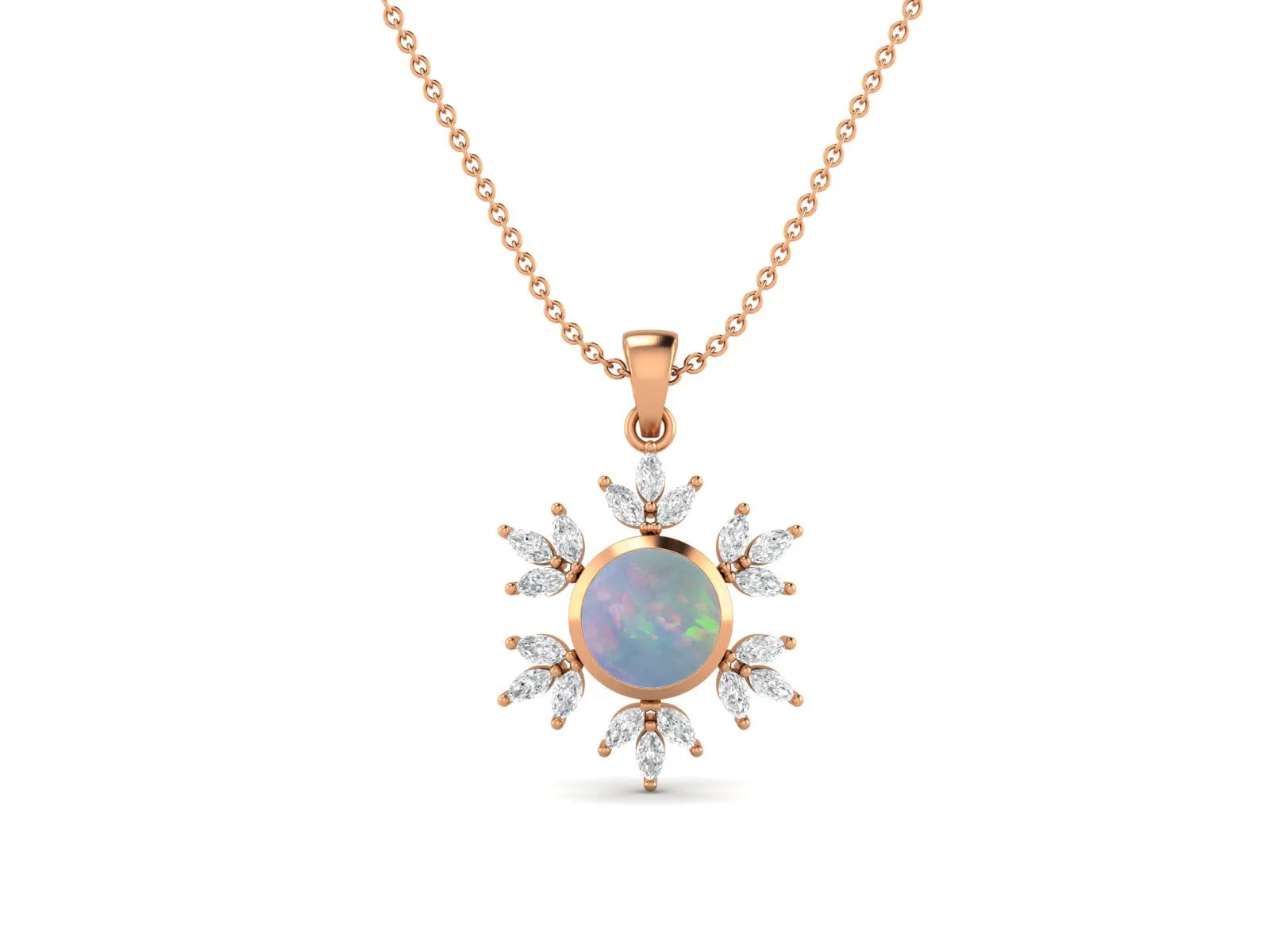 10MM Round Opal Gemstone 925 Sterling Silver Flower Women Pendant Necklace