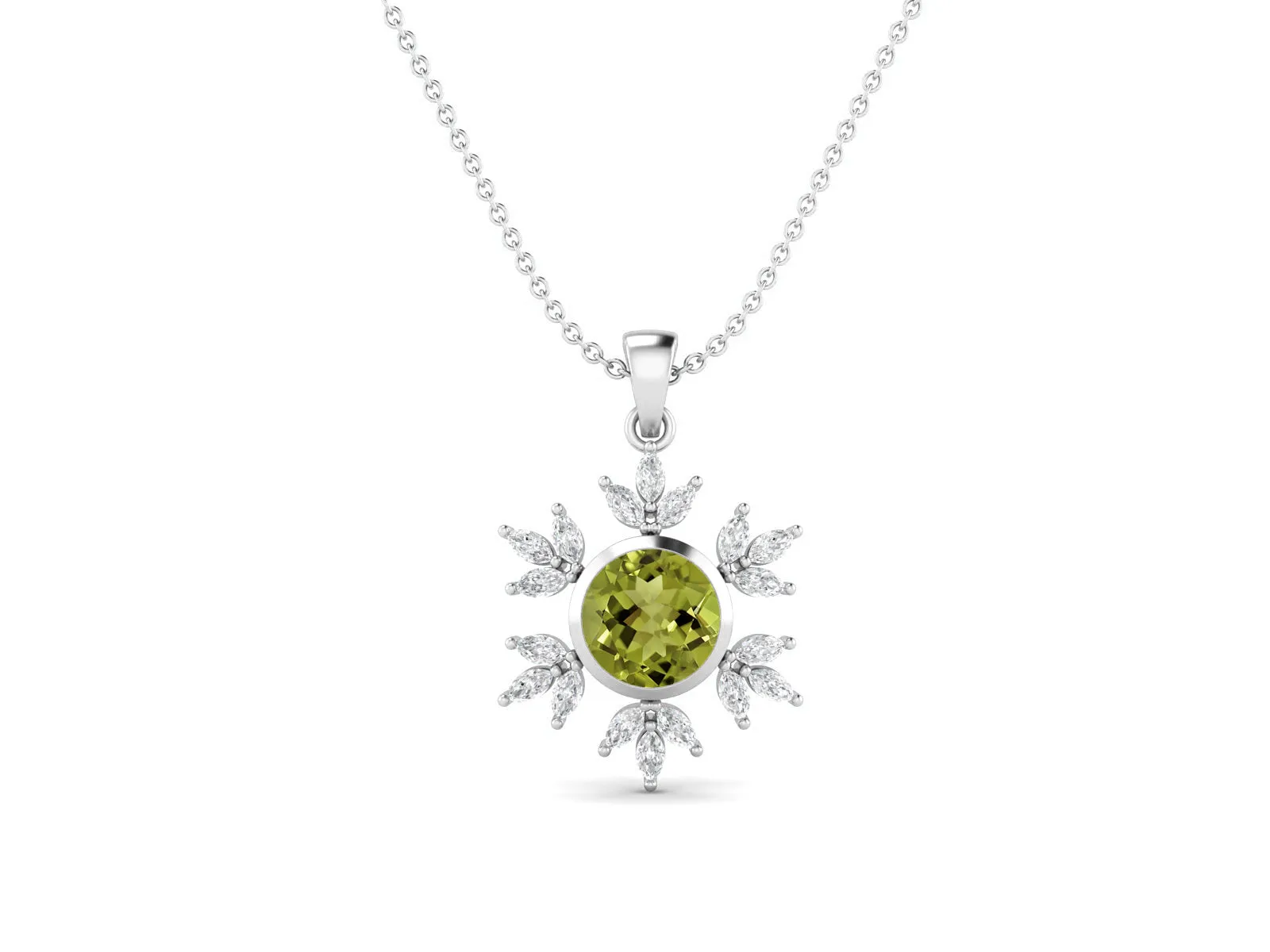 10MM Round Peridot Gemstone 925 Sterling Silver Flower Women Pendant Necklace