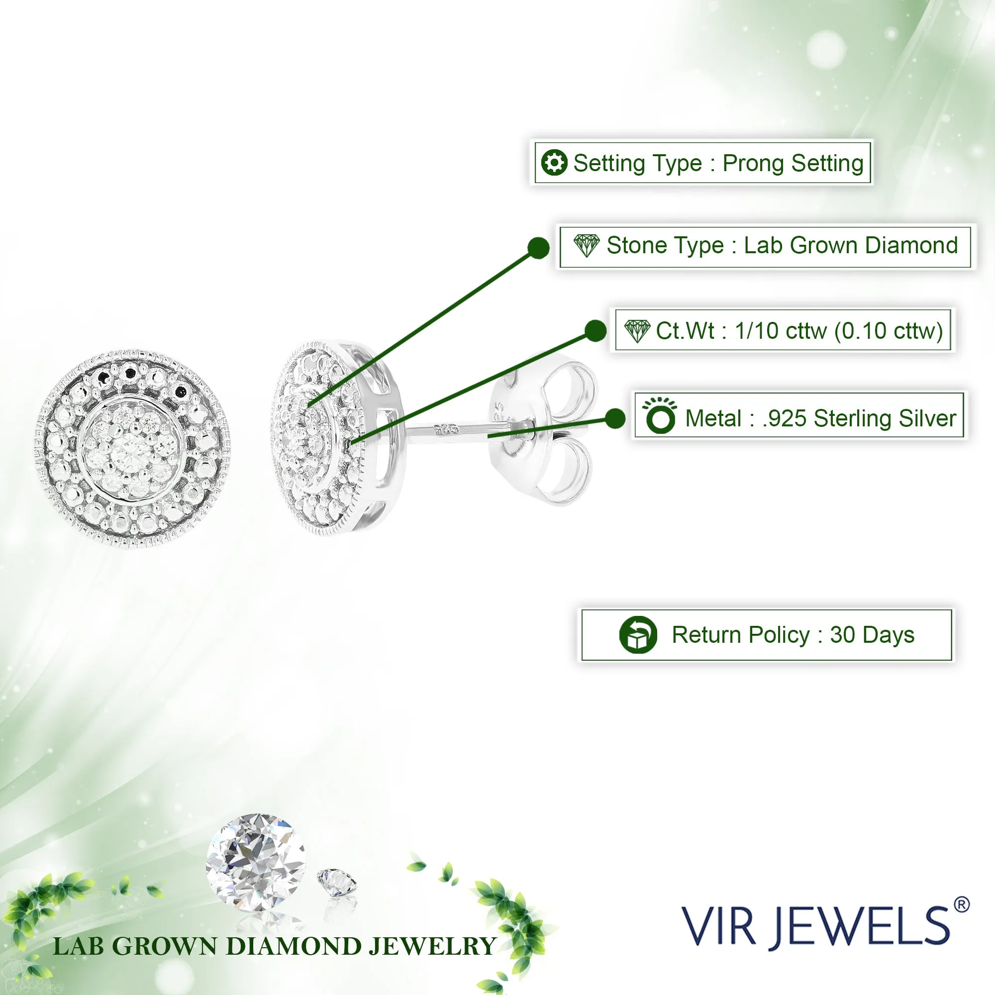 1/10 cttw Composite Diamond Stud Earrings in .925 Sterling Silver