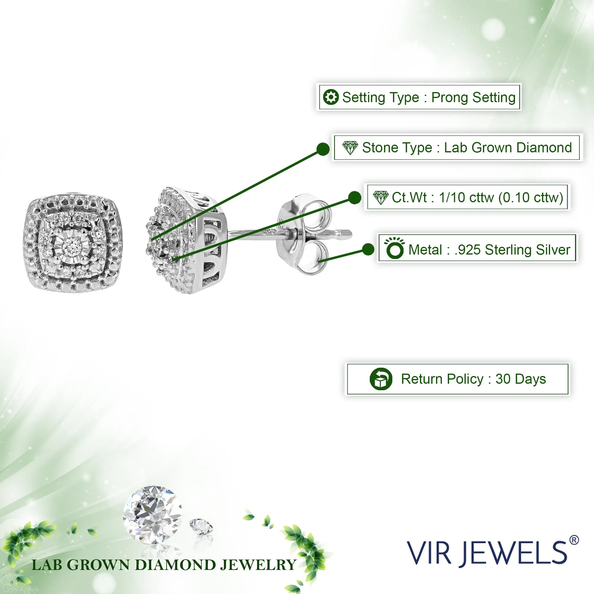 1/10 cttw Diamond Cushion Composite Stud Earrings in Sterling Silver