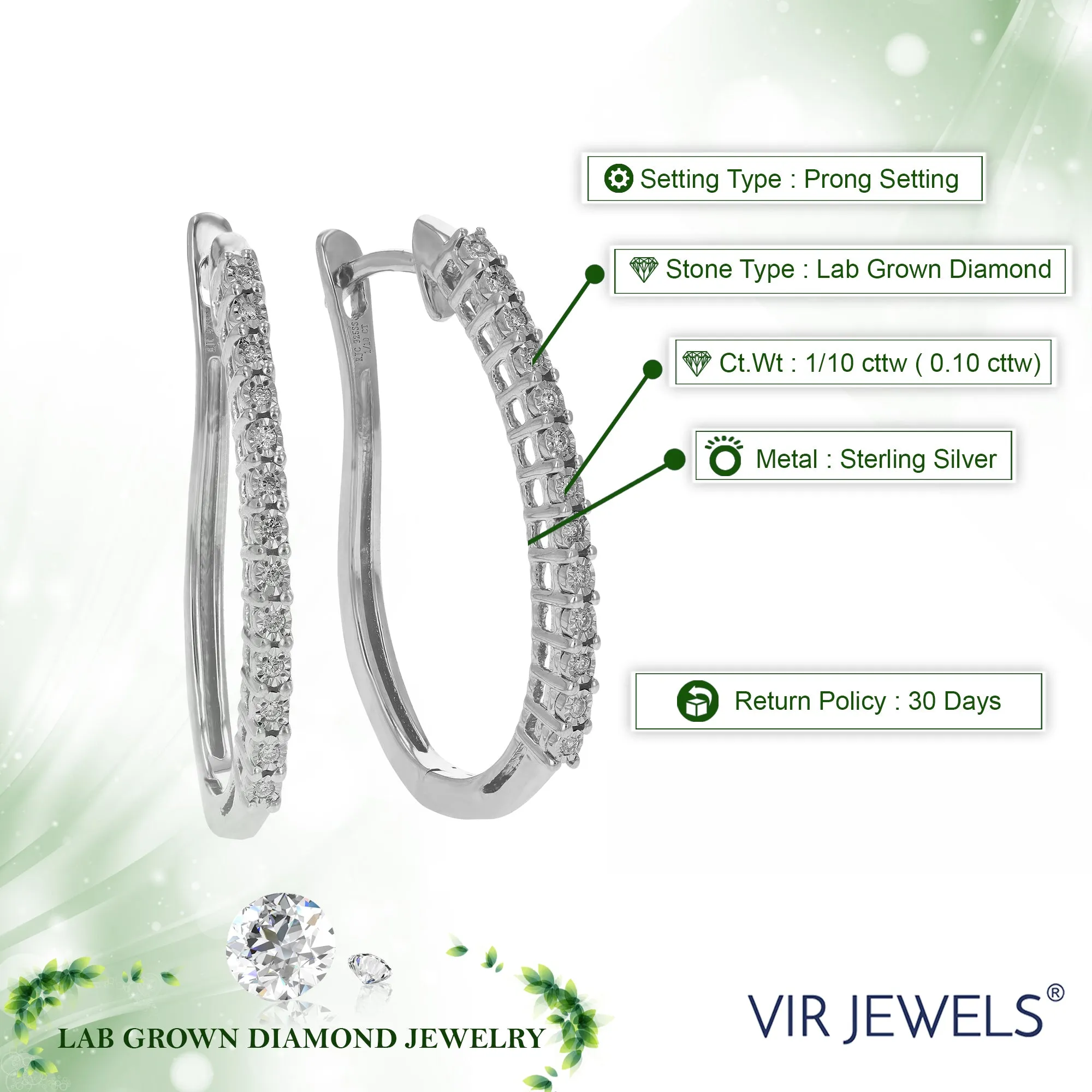 1/10 cttw Lab Grown Diamond Curved Hoop Earrings in .925 Silver