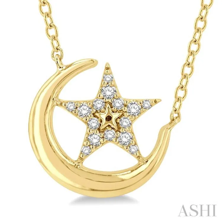 1/10 ctw Crescent Moon and Star Round Cut Petite Diamond Fashion Pendant With Chain in 10K Yellow Gold