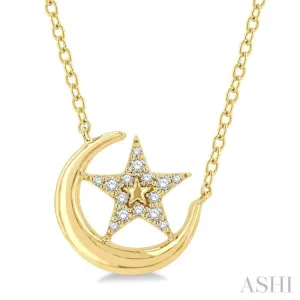 1/10 ctw Crescent Moon and Star Round Cut Petite Diamond Fashion Pendant With Chain in 10K Yellow Gold