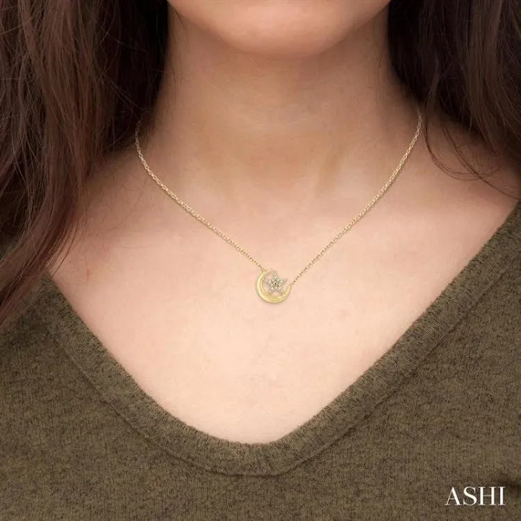 1/10 ctw Crescent Moon and Star Round Cut Petite Diamond Fashion Pendant With Chain in 10K Yellow Gold