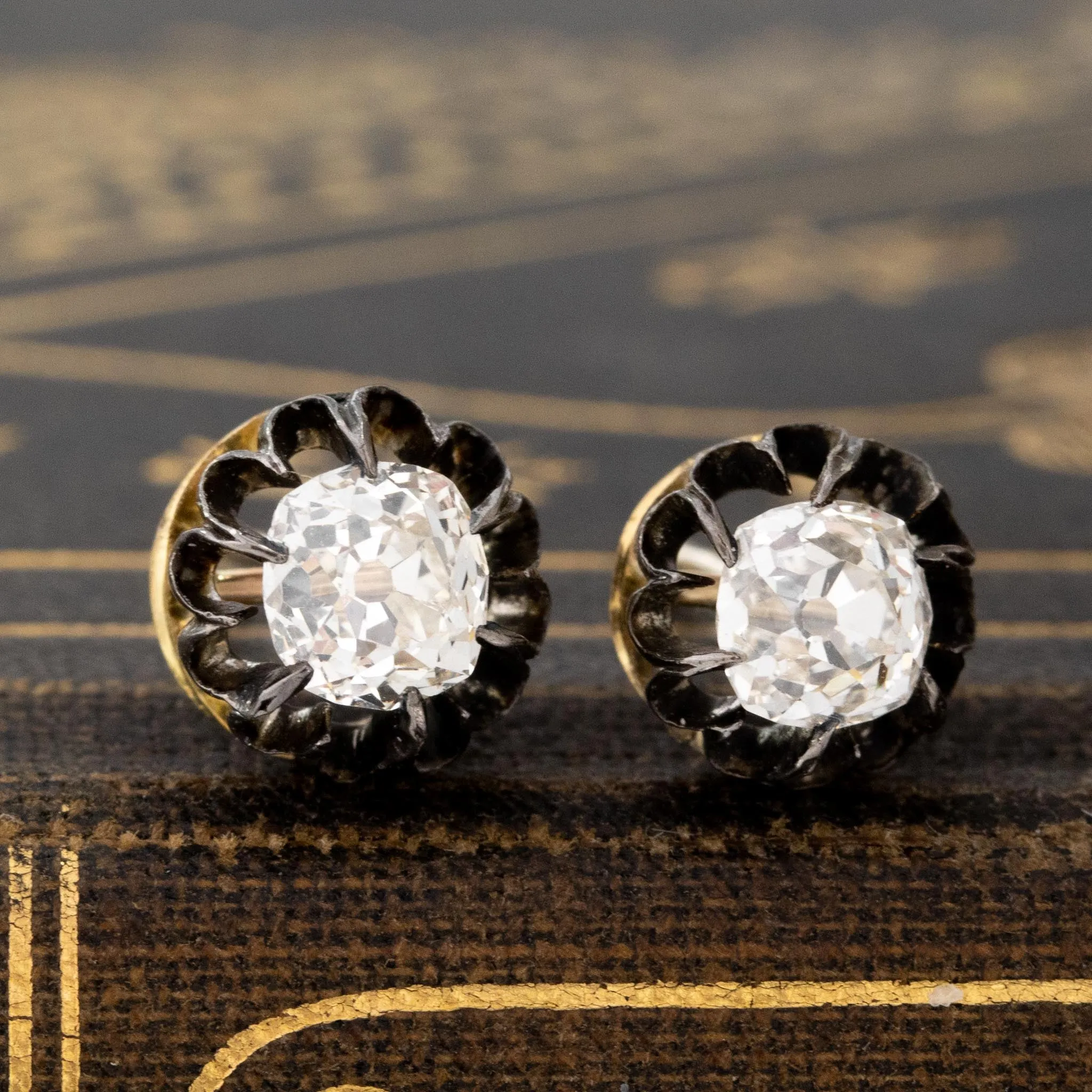 1.30ctw Old Mine Cut Diamond Collet Stud Earrings