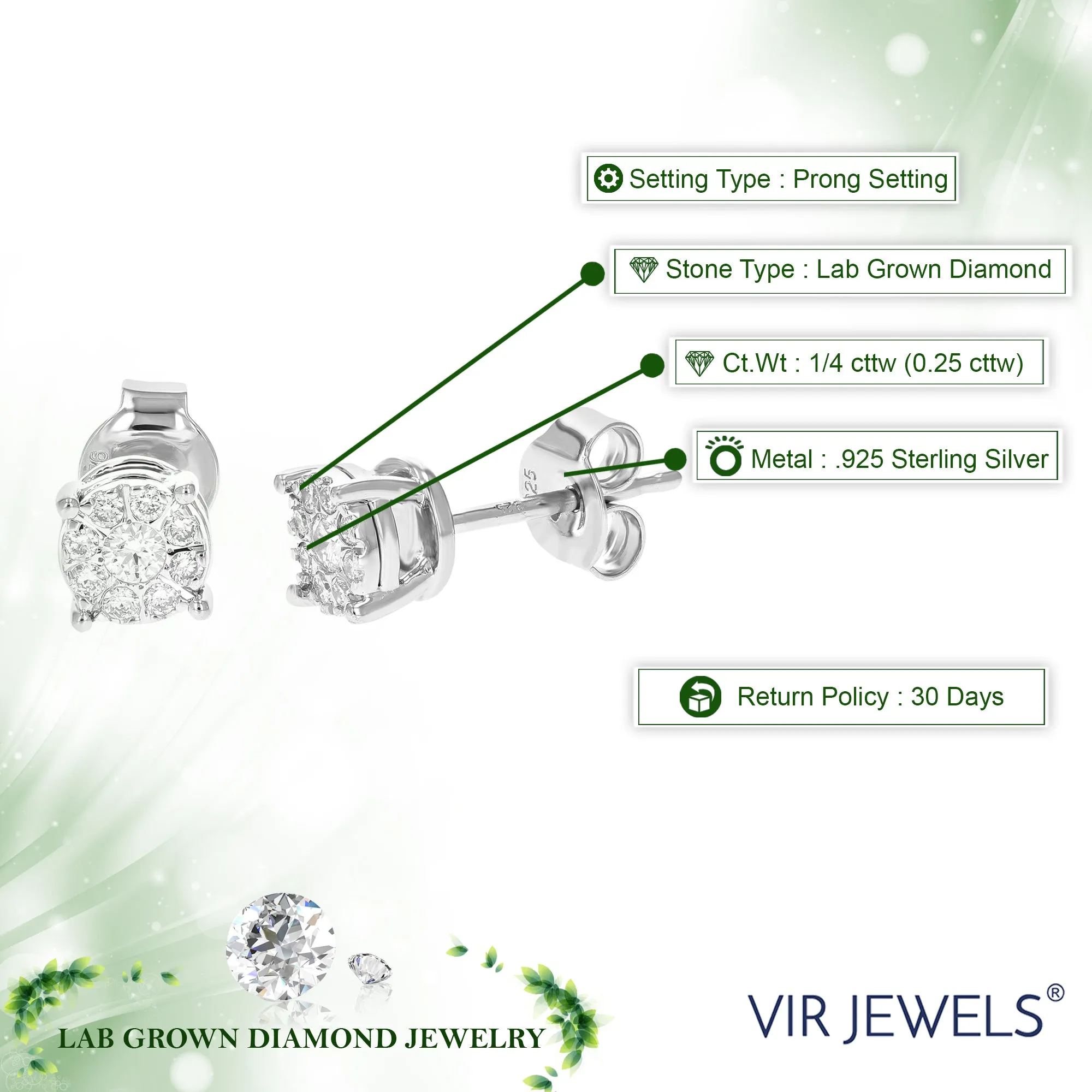 1/4 cttw Lab Grown Diamond Halo Stud Earrings in Sterling Silver