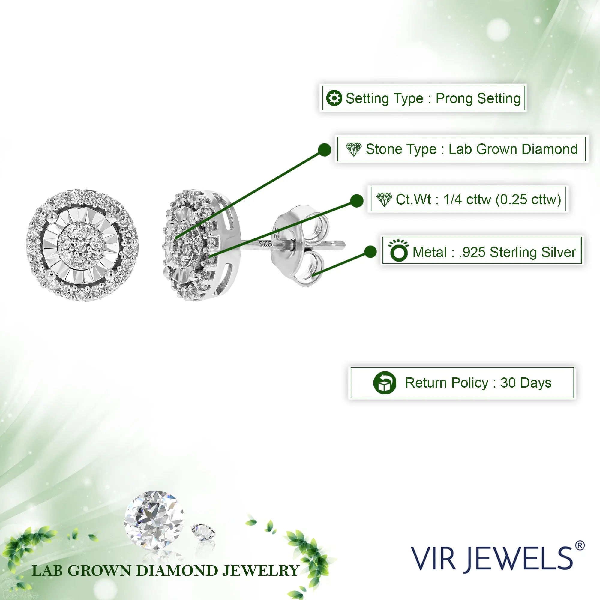 1/4 cttw Lab Grown Diamond Halo Stud Earrings in Sterling Silver