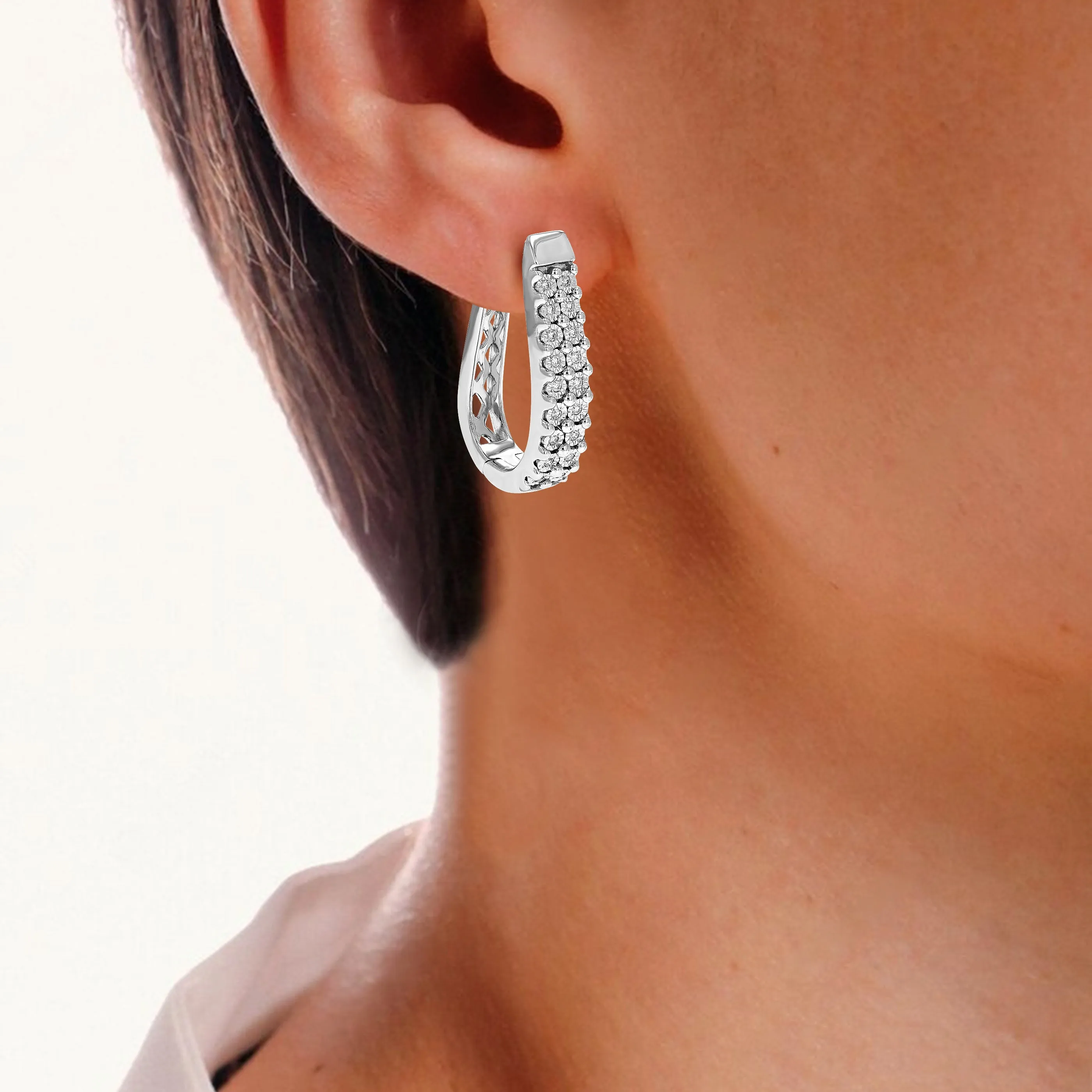 1/4 cttw Lab Grown Double Row Diamond Hoop Earrings in Silver