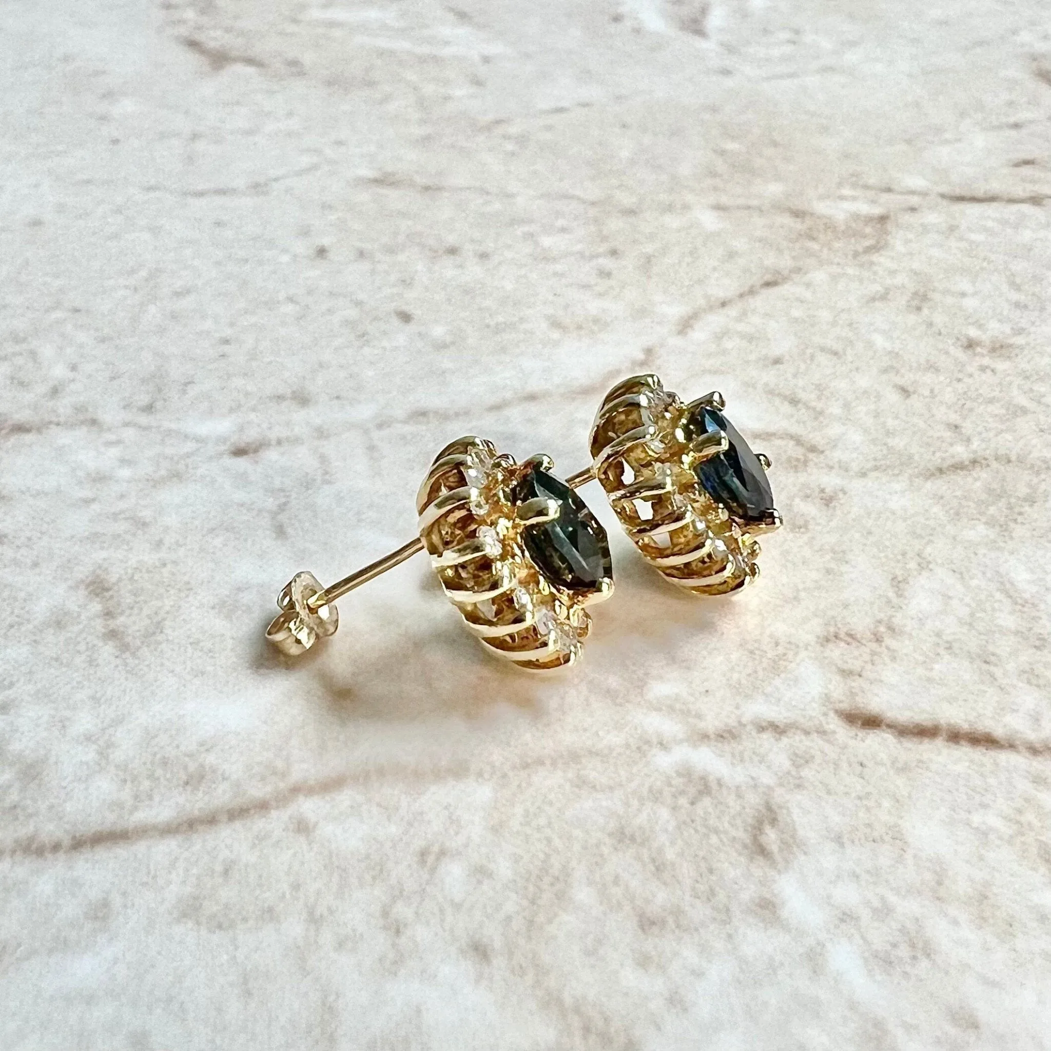14 Karat Yellow Gold Oval Blue Sapphire & Diamond Halo Stud Earrings