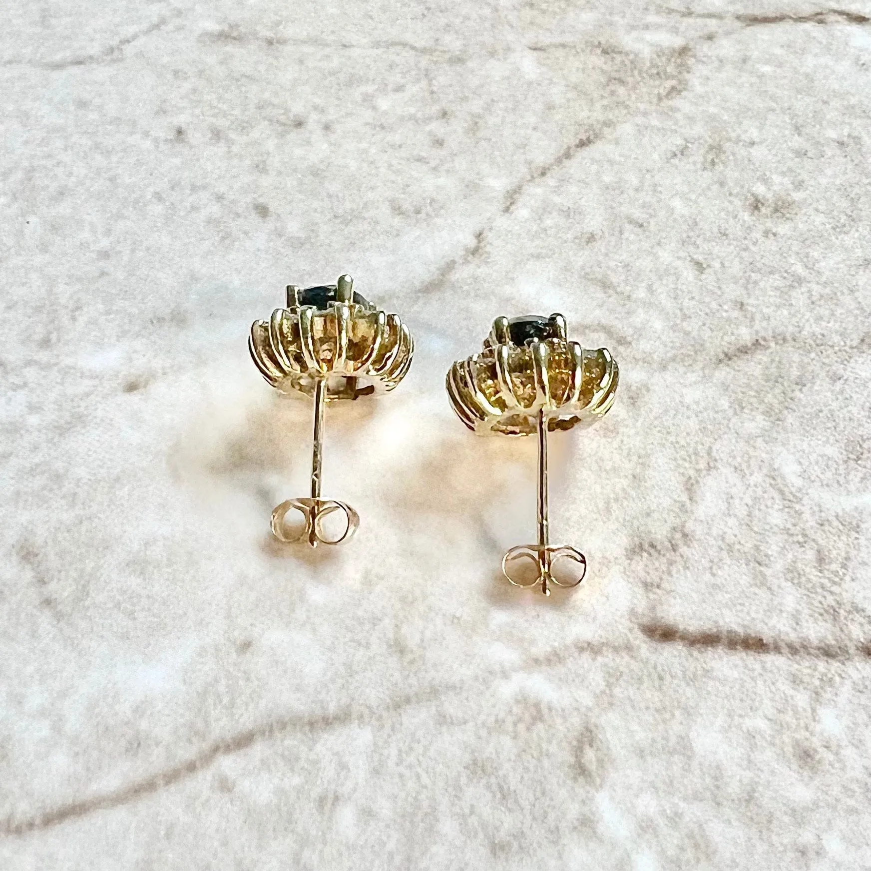 14 Karat Yellow Gold Oval Blue Sapphire & Diamond Halo Stud Earrings