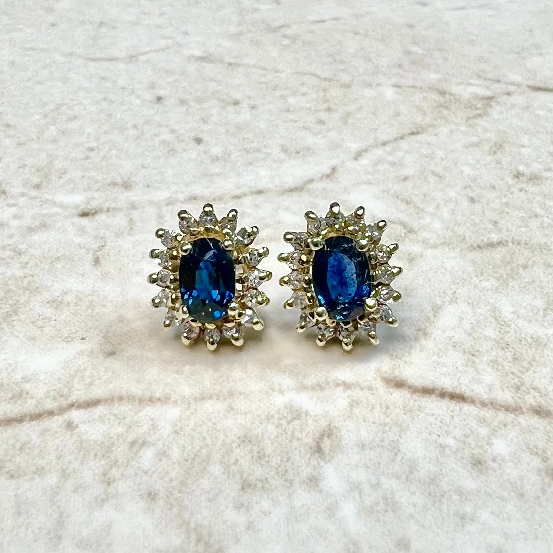 14 Karat Yellow Gold Oval Blue Sapphire & Diamond Halo Stud Earrings