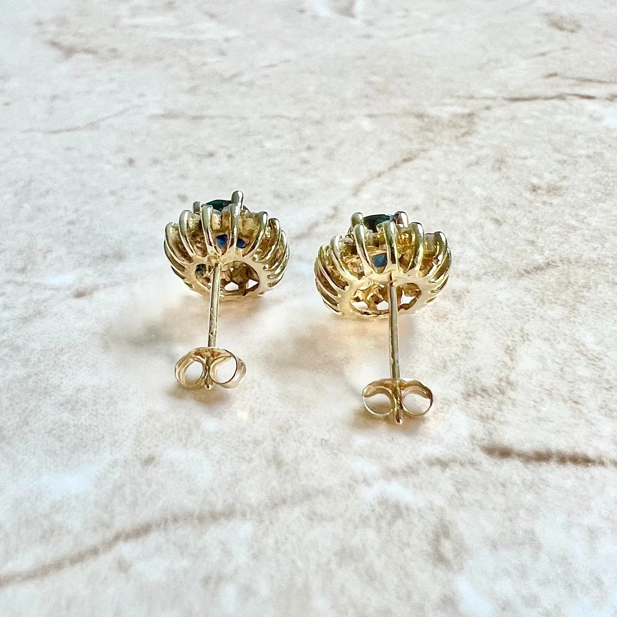 14 Karat Yellow Gold Oval Blue Sapphire & Diamond Halo Stud Earrings