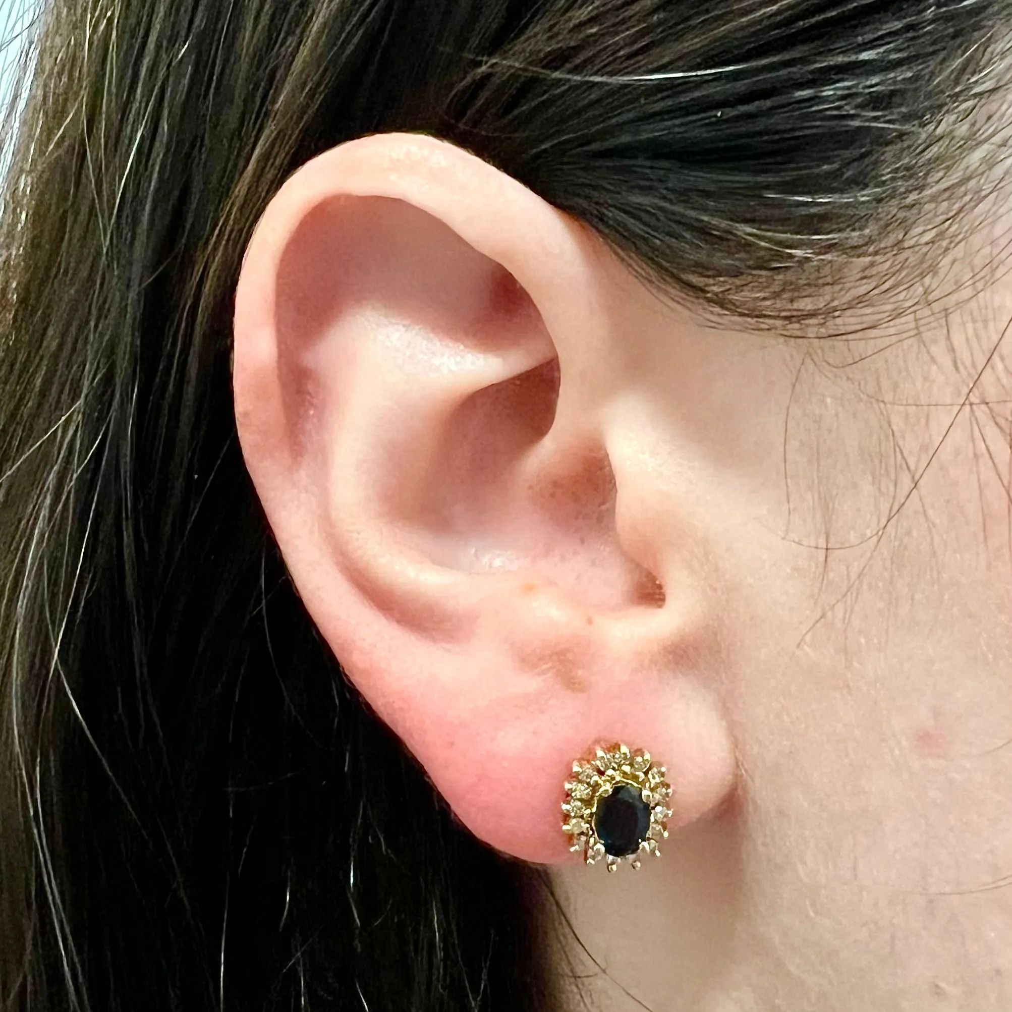 14 Karat Yellow Gold Oval Blue Sapphire & Diamond Halo Stud Earrings