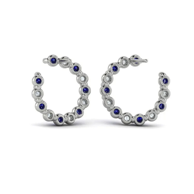 14 KT White Gold Forward-facing Diamond and Blue Sapphire  Open Hoop Earrings