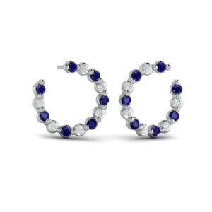 14 KT White Gold Forward-facing Diamond and Blue Sapphire  Open Hoop Earrings