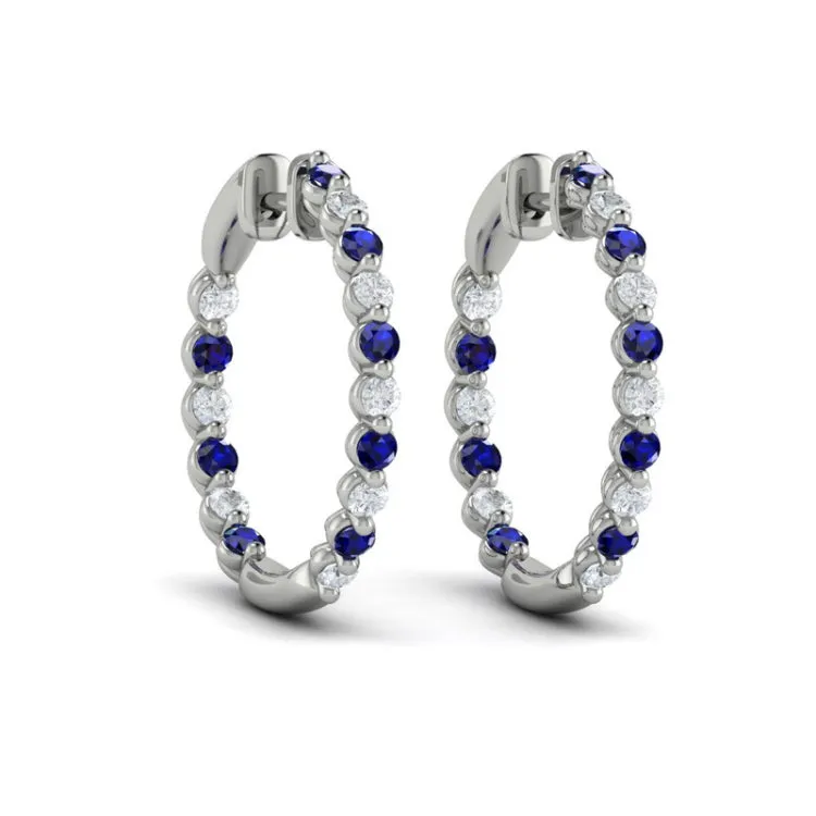 14 KT White Gold Inside Out Diamond and Blue Sapphire  Hoop Earrings