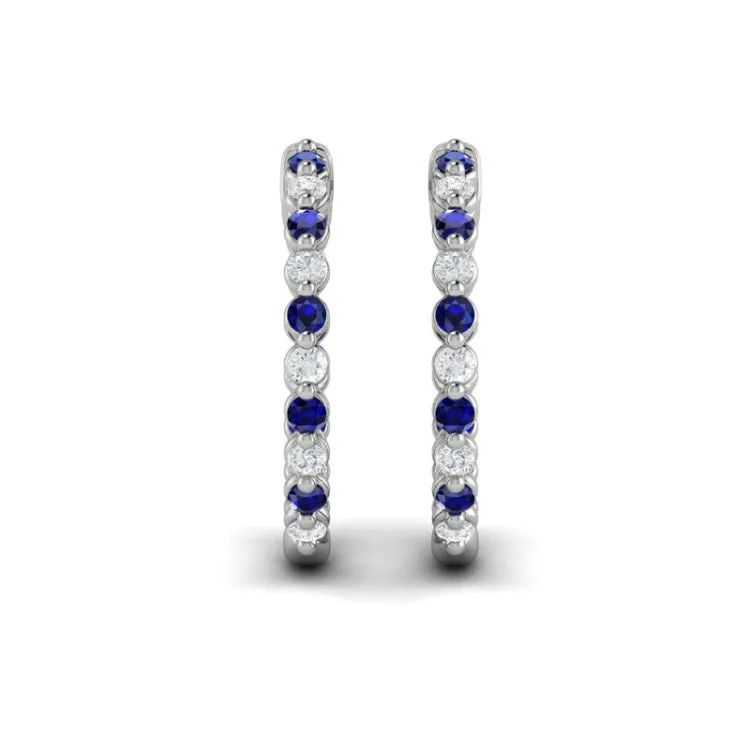14 KT White Gold Inside Out Diamond and Blue Sapphire  Hoop Earrings