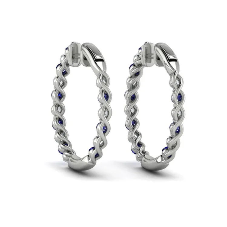 14 KT White Gold Inside Out Diamond and Blue Sapphire  Hoop Earrings