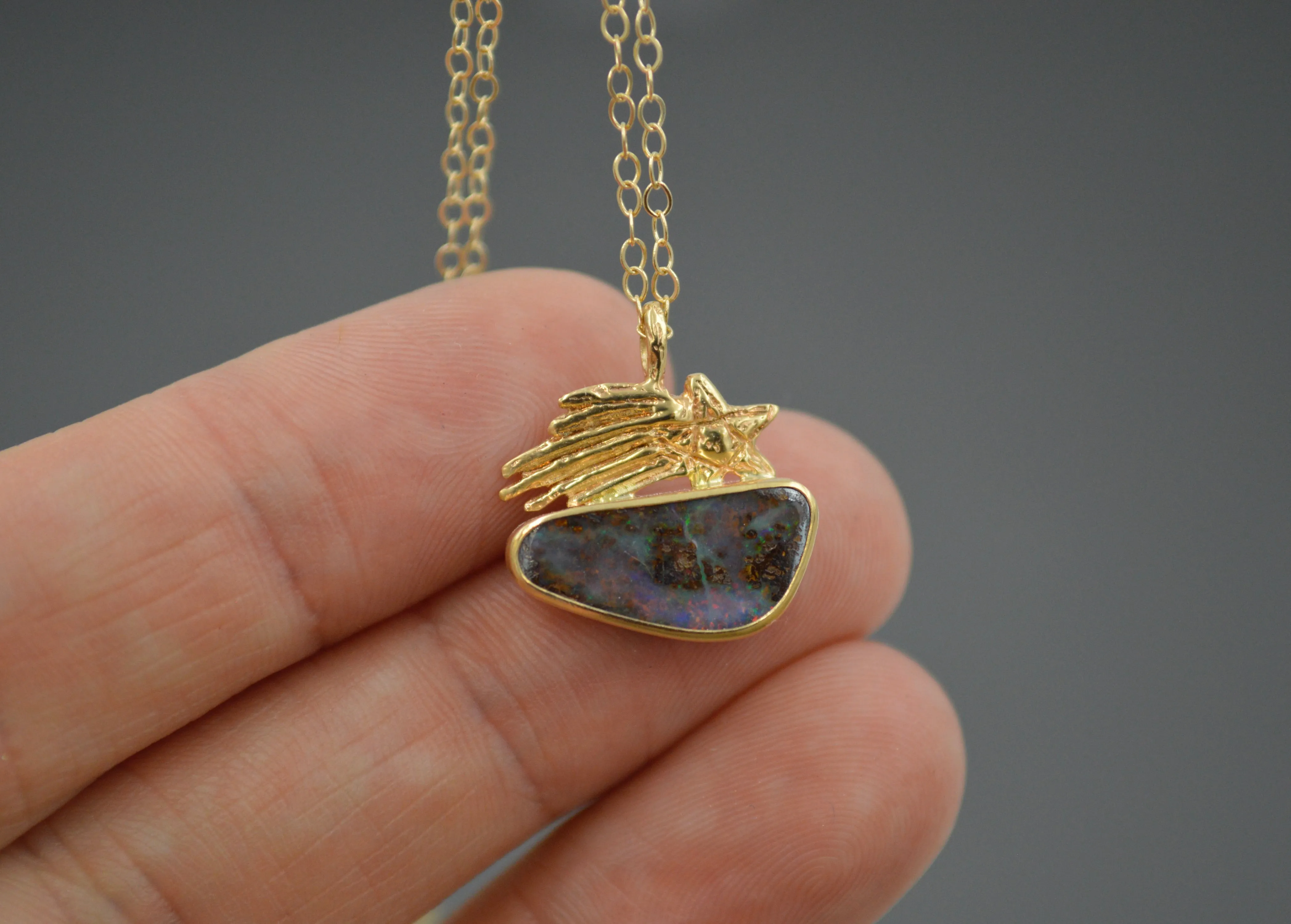 14k and Silver Boulder Opal Shooting Star Necklace OOAK