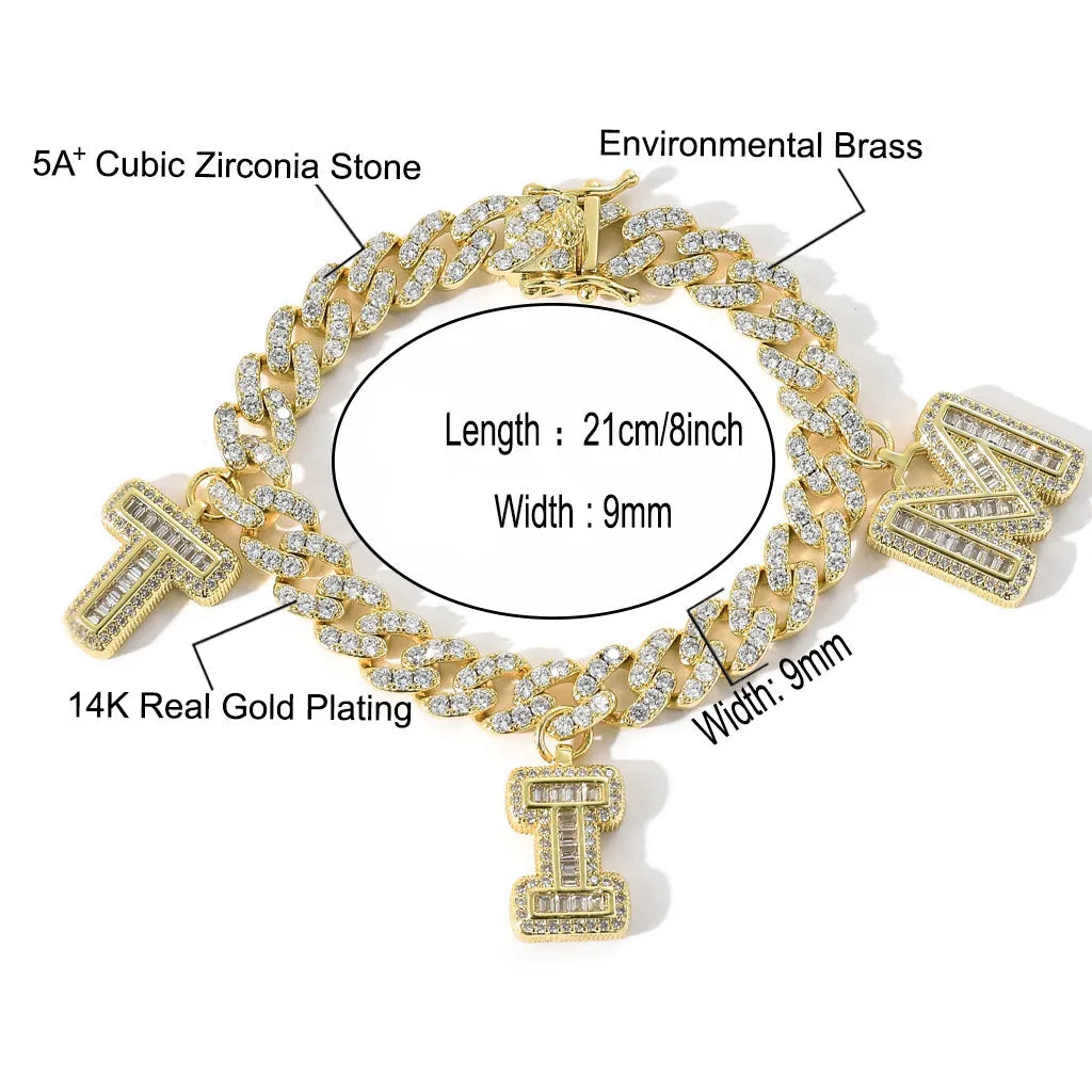14K Gold Plating Cubic Zirconia Stone Custom Letters Name Bracelets Cuban Chain Iced Out Bracelets