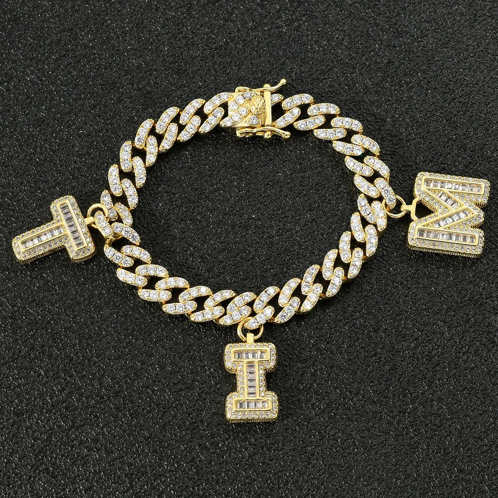 14K Gold Plating Cubic Zirconia Stone Custom Letters Name Bracelets Cuban Chain Iced Out Bracelets