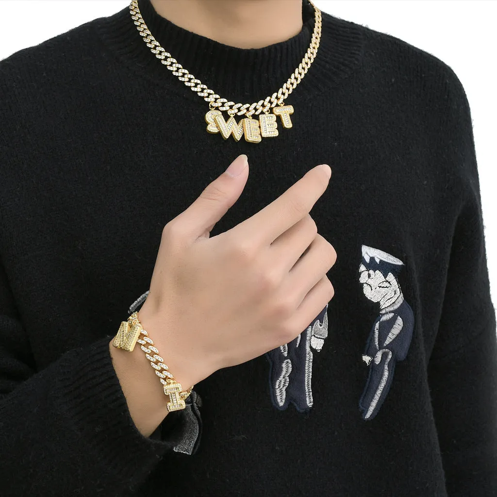 14K Gold Plating Cubic Zirconia Stone Custom Letters Name Bracelets Cuban Chain Iced Out Bracelets