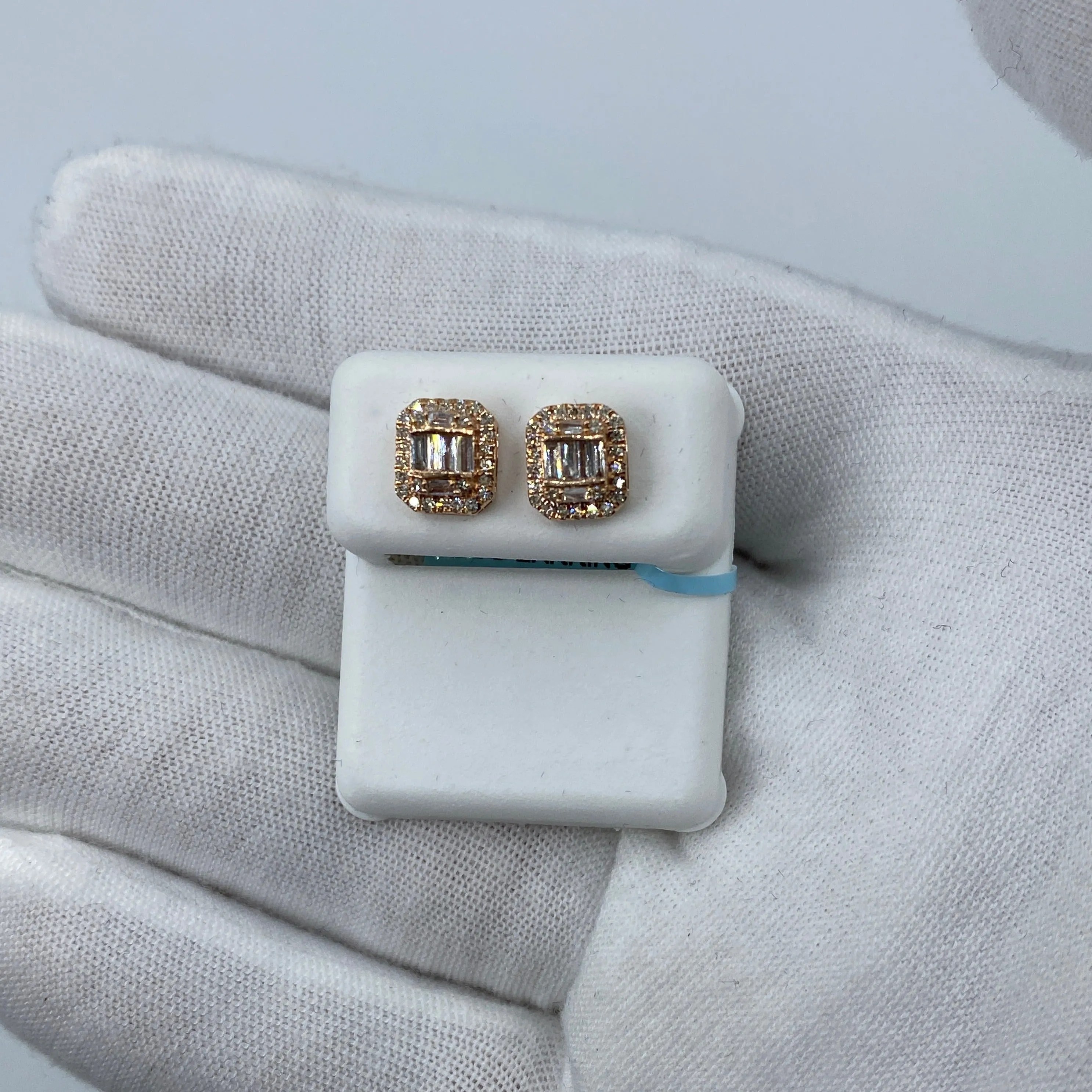 14K Large Rectangle Halo Diamond Baguette Earrings